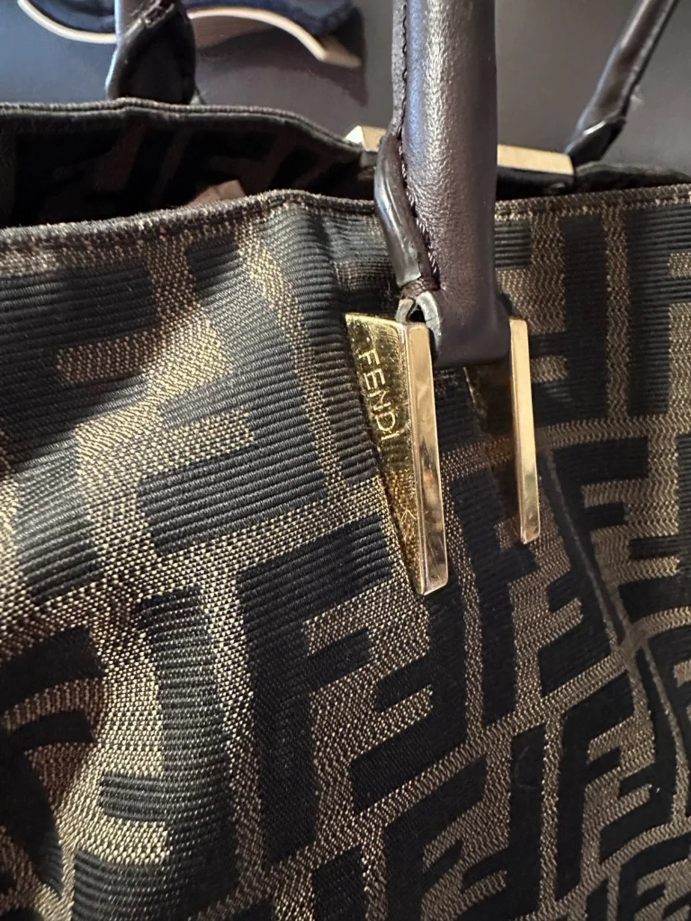 Fendi Brown Zucca Pattern Shoulder Bag with Logo Plaque